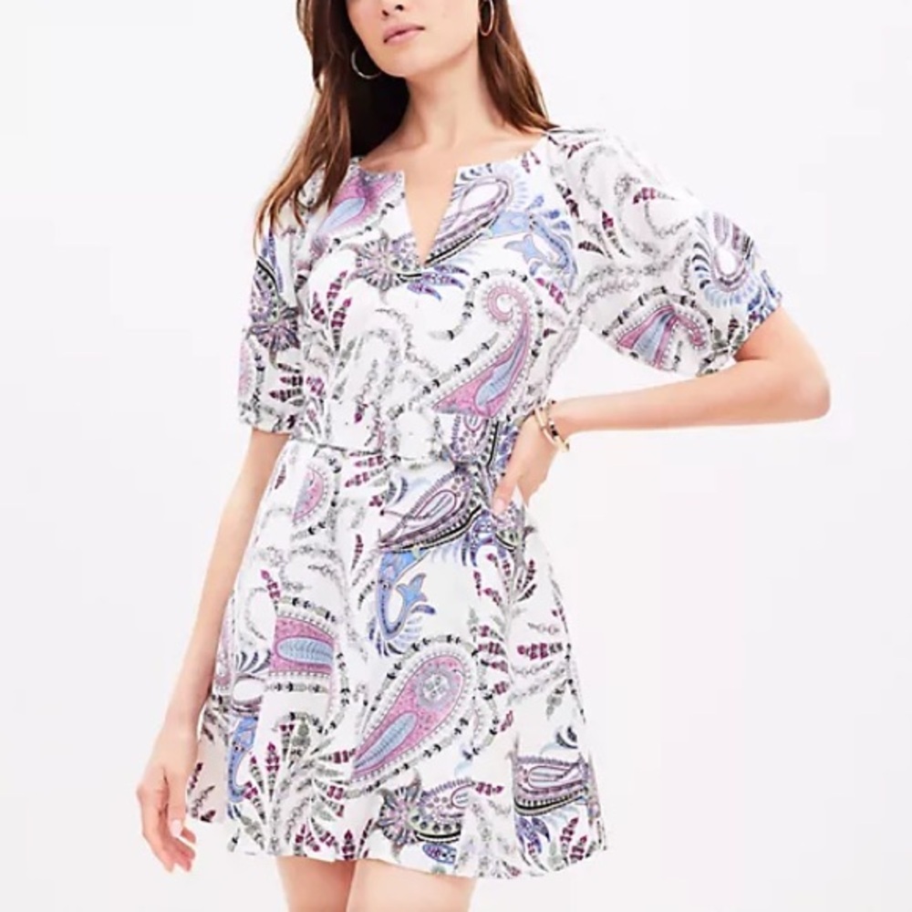 LOFT White Paisley Midi Dress with Pink & Blue Accents